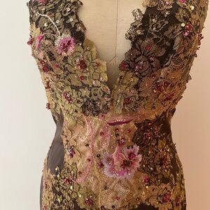 Julian Joyce Mandalay Chocolate Brown with gold lace beaded NOS Dress w/tags